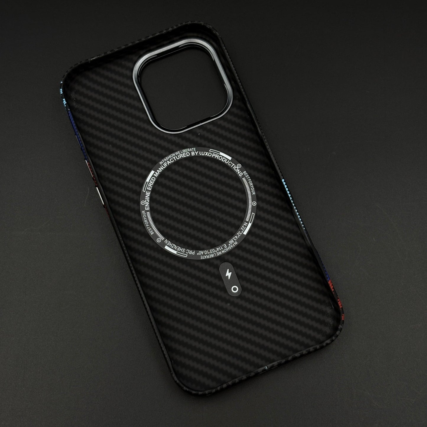 iPhone Aramid Texture Camera Kickstand Phone Case Cover | 3 Stripe Color | Carbon Fibre Feel | Hidden MagSafe