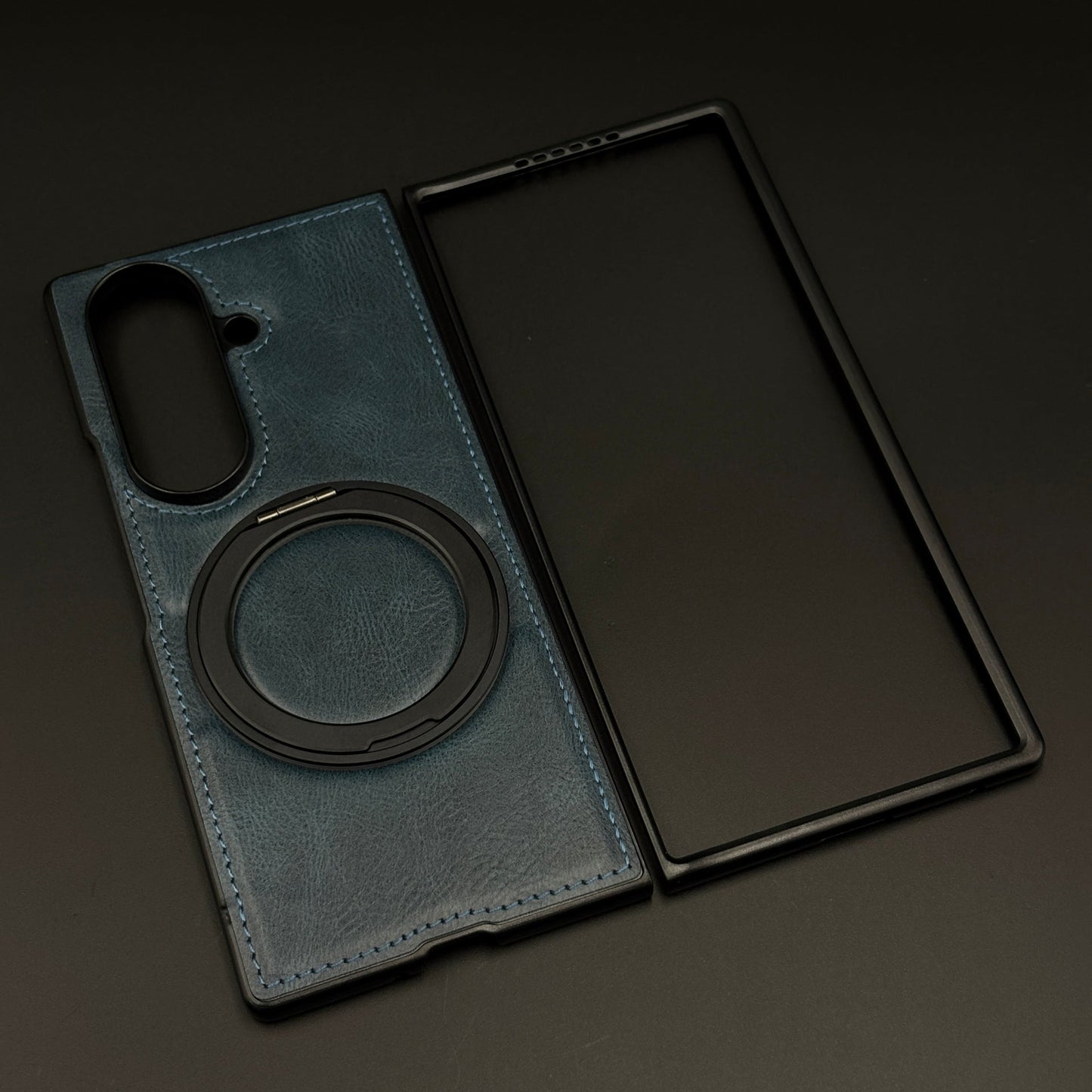 Leather Texture Stitched MagSafe Metal Rotating Stand Mobile Case Cover for Samsung Galaxy Z Fold 7