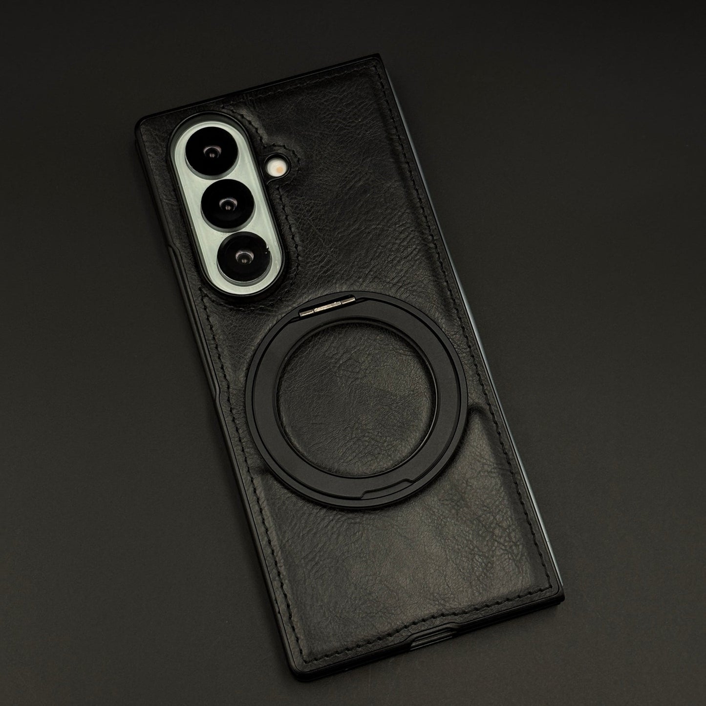 Leather Texture Stitched MagSafe Metal Rotating Stand Mobile Case Cover for Samsung Galaxy Z Fold 7