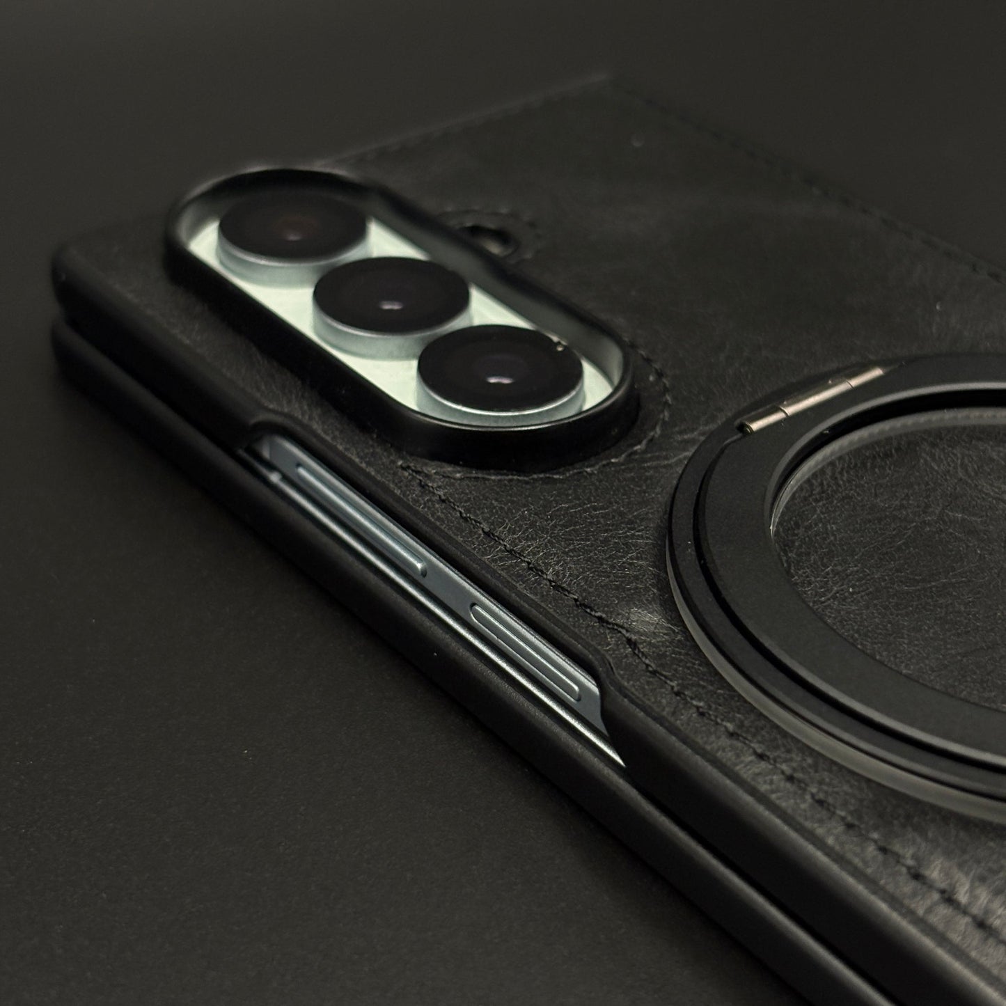 Leather Texture Stitched MagSafe Metal Rotating Stand Mobile Case Cover for Samsung Galaxy Z Fold 5