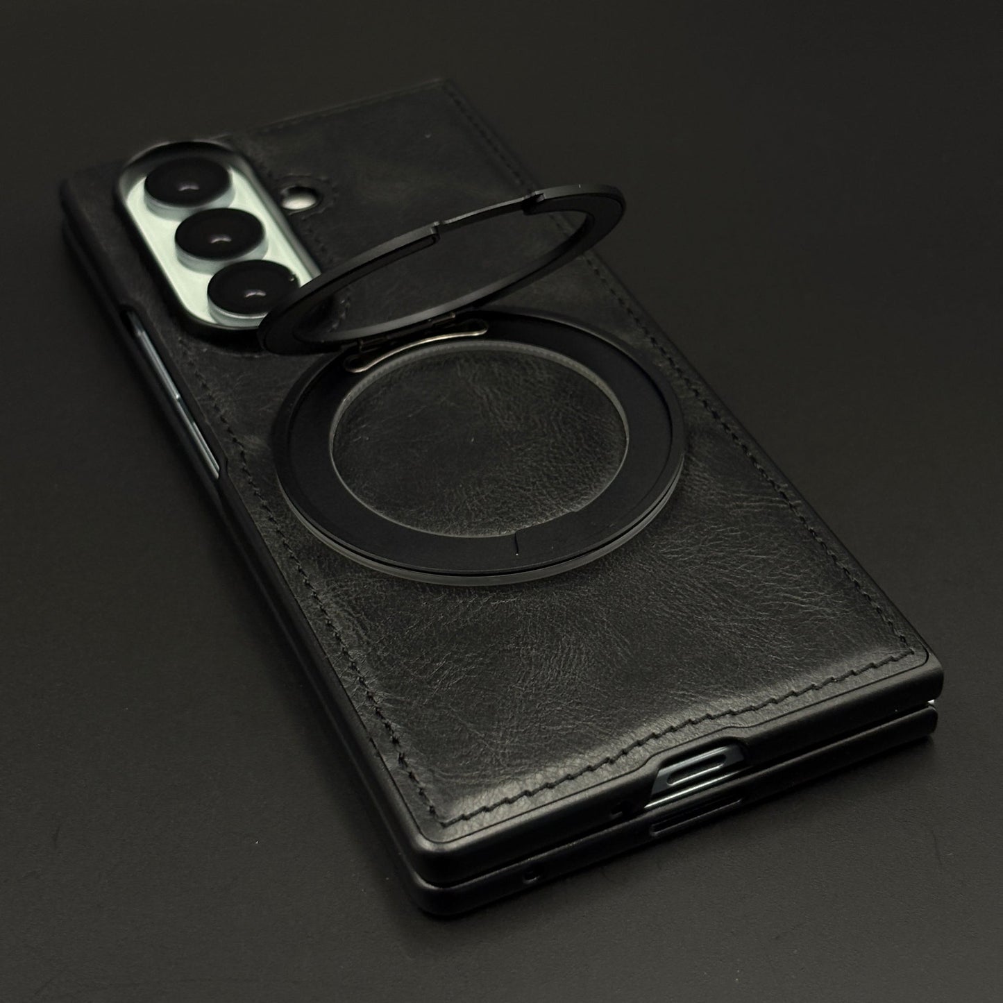 Leather Texture Stitched MagSafe Metal Rotating Stand Mobile Case Cover for Samsung Galaxy Z Fold 6