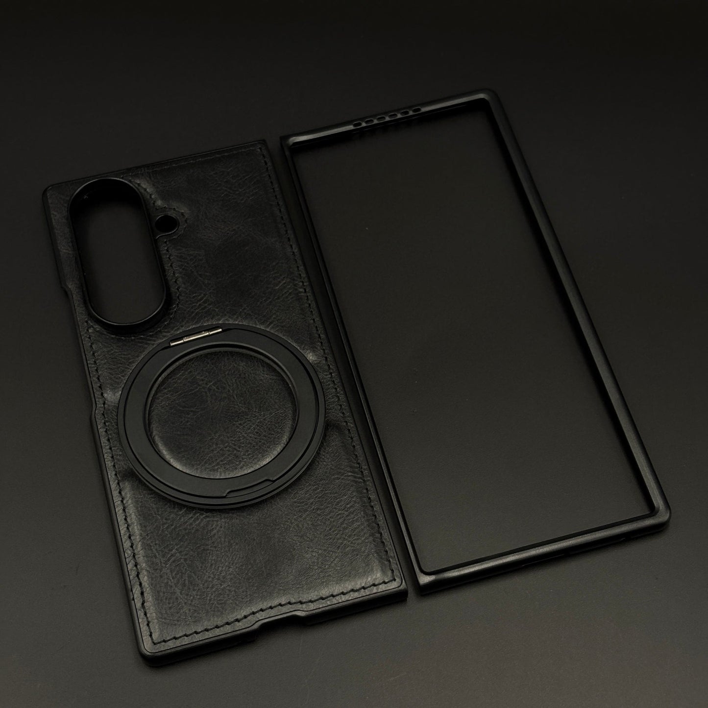 Leather Texture Stitched MagSafe Metal Rotating Stand Mobile Case Cover for Samsung Galaxy Z Fold 5