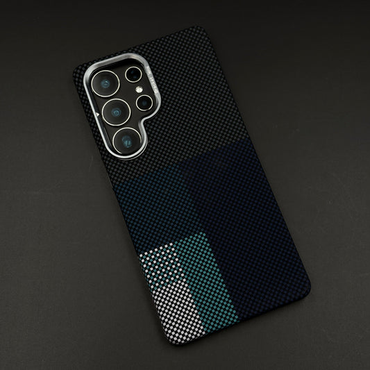 Blue Block Aramid Case with Hidden MagSafe for Samsung Galaxy S25 Ultra | Camera Kickstand | Carbon Fibre Feel