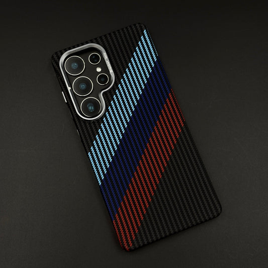M Stripe Aramid Case with Hidden MagSafe for Samsung Galaxy S25 Ultra | Camera Kickstand | Carbon Fibre Racing Feel