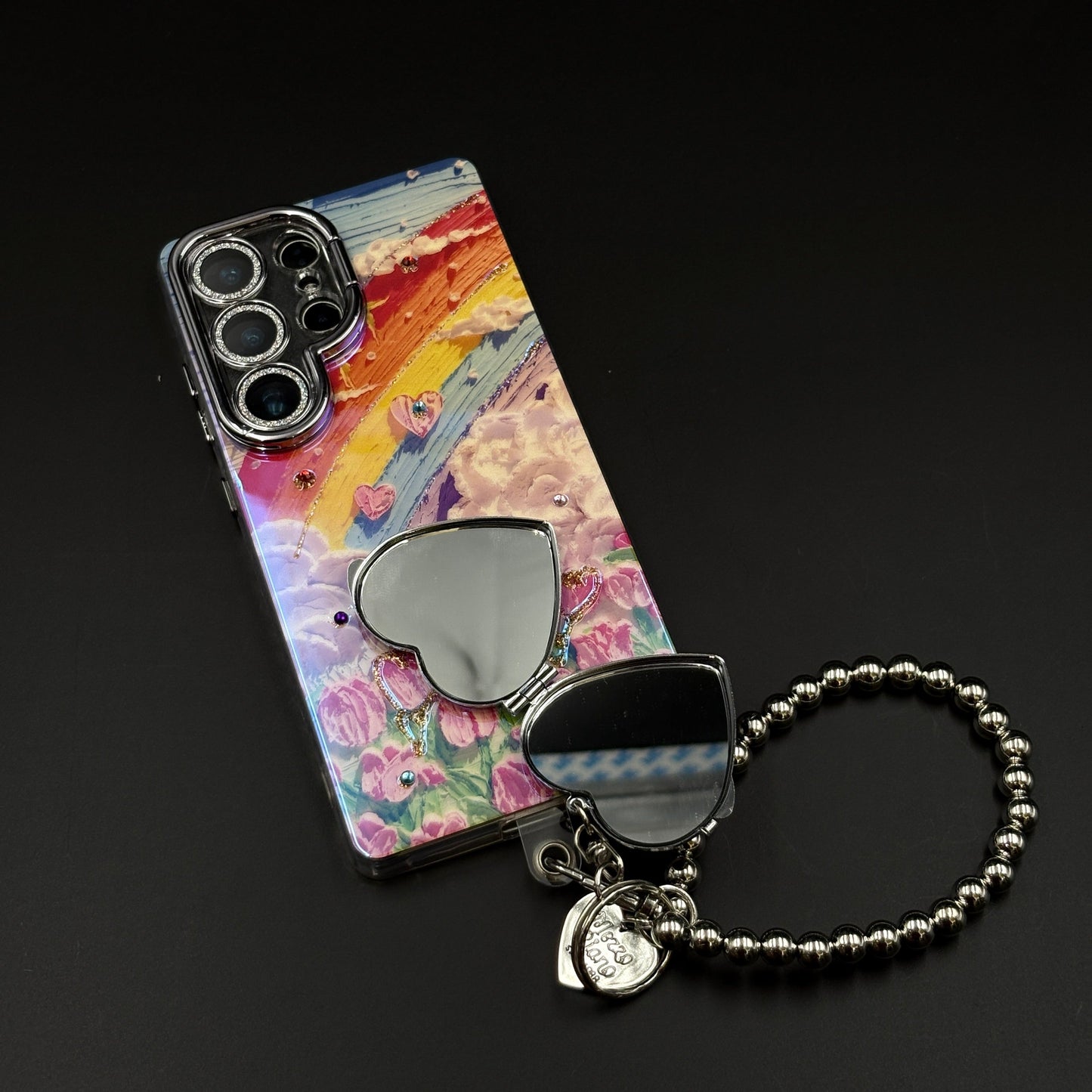 Rainbow Tulip Art Case with Camera Kickstand for Samsung Galaxy S25 Ultra | Heart Bracelet Charm | 3D Painted Floral Cover