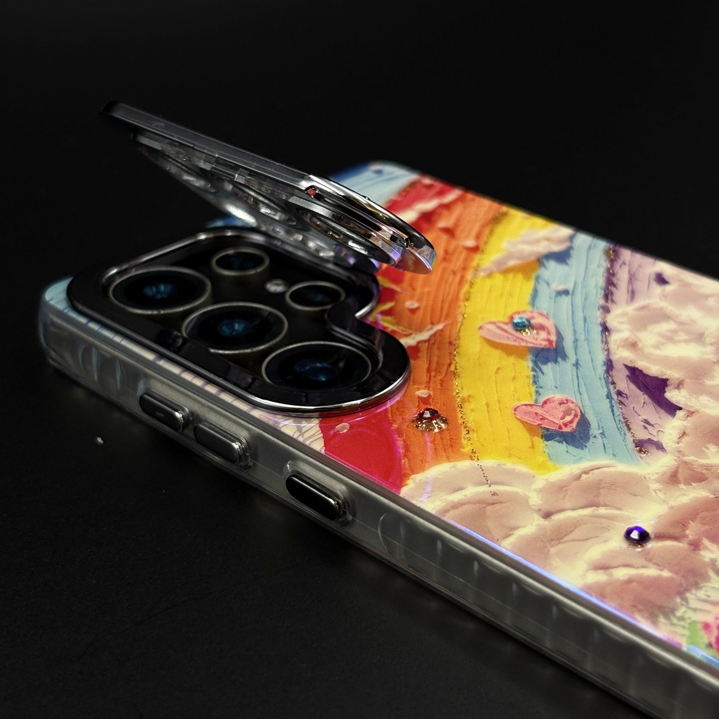 Rainbow Tulip Art Case with Camera Kickstand for Samsung Galaxy S25 Ultra | Heart Bracelet Charm | 3D Painted Floral Cover