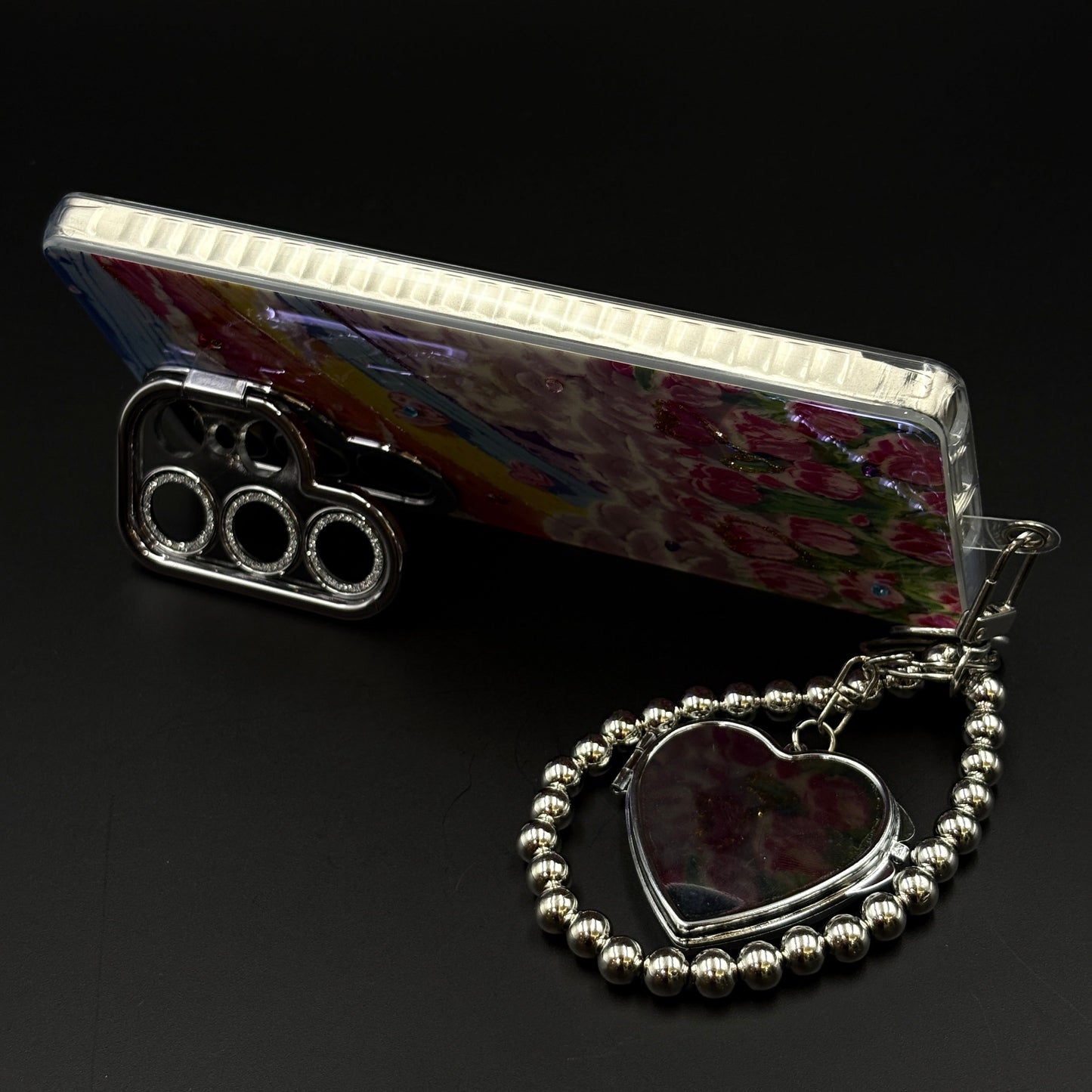 Rainbow Tulip Art Case with Camera Kickstand for Samsung Galaxy S25 Ultra | Heart Bracelet Charm | 3D Painted Floral Cover