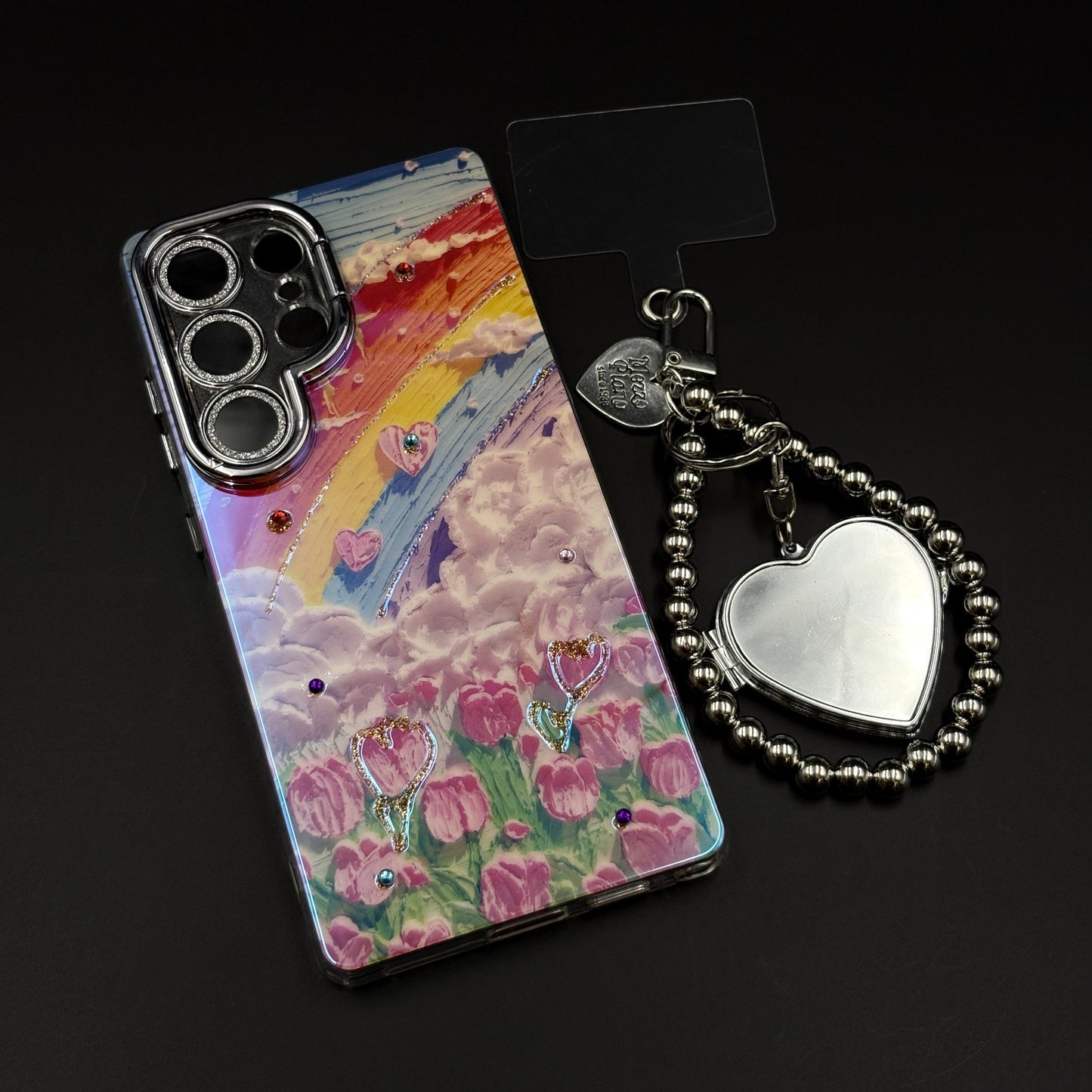 Rainbow Tulip Art Case with Camera Kickstand for Samsung Galaxy S25 Ultra | Heart Bracelet Charm | 3D Painted Floral Cover