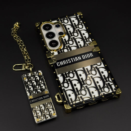 CD Brand Inspired Luxury Trunk Square Mobile Case Cover with Golden Chain for Samsung Galaxy S25 Ultra