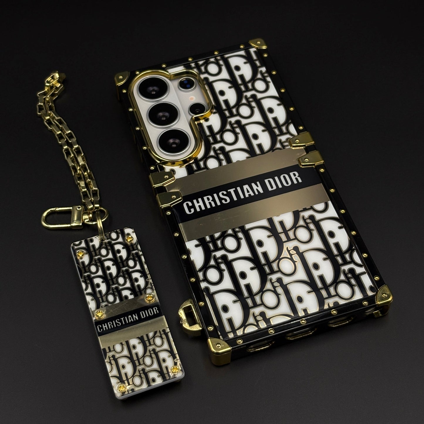 CD Brand Inspired Luxury Trunk Square Mobile Case Cover with Golden Chain for Samsung Galaxy S24 Ultra