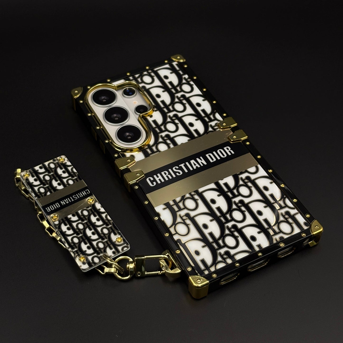 CD Brand Inspired Luxury Trunk Square Mobile Case Cover with Golden Chain for Samsung Galaxy S25 Ultra