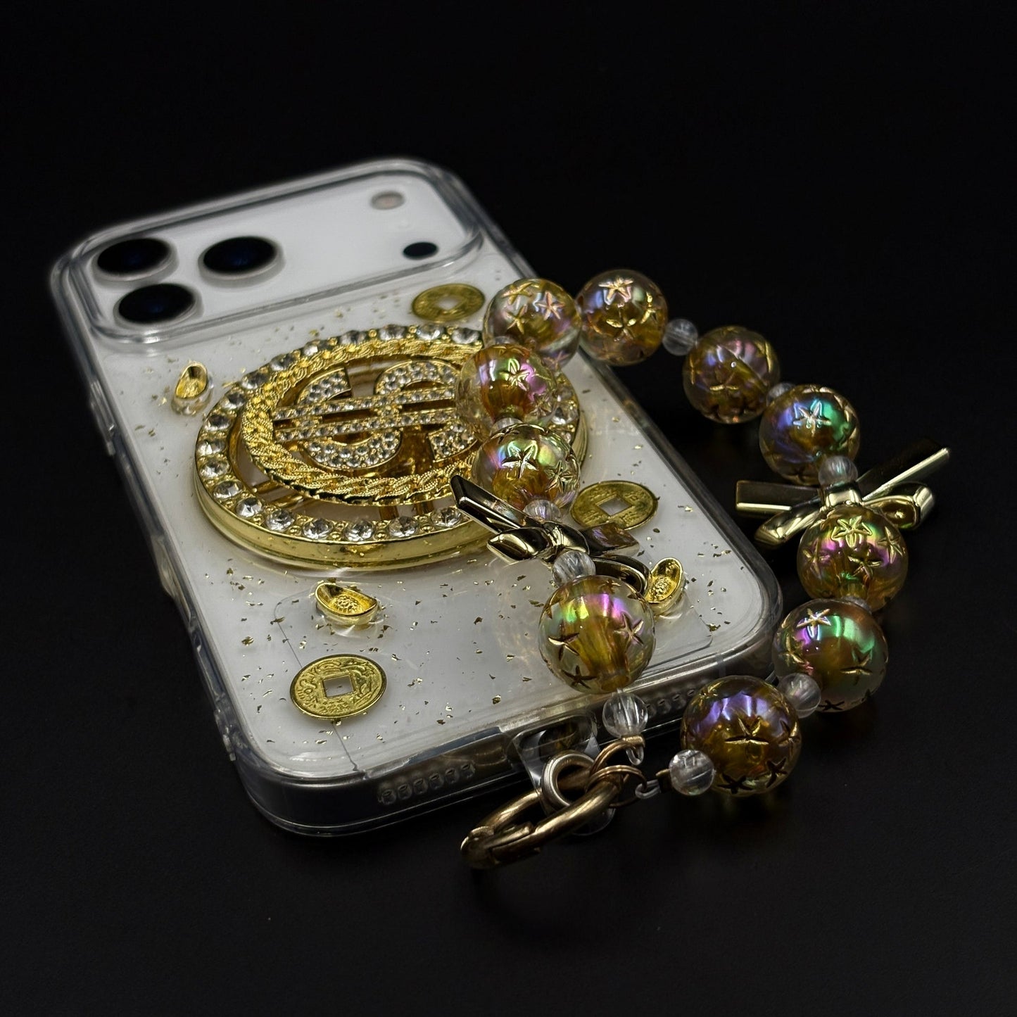 Luxury Rotating Dollar Case for iPhone 17 Series | Gold Bling Coin Design with Beaded Wrist Strap