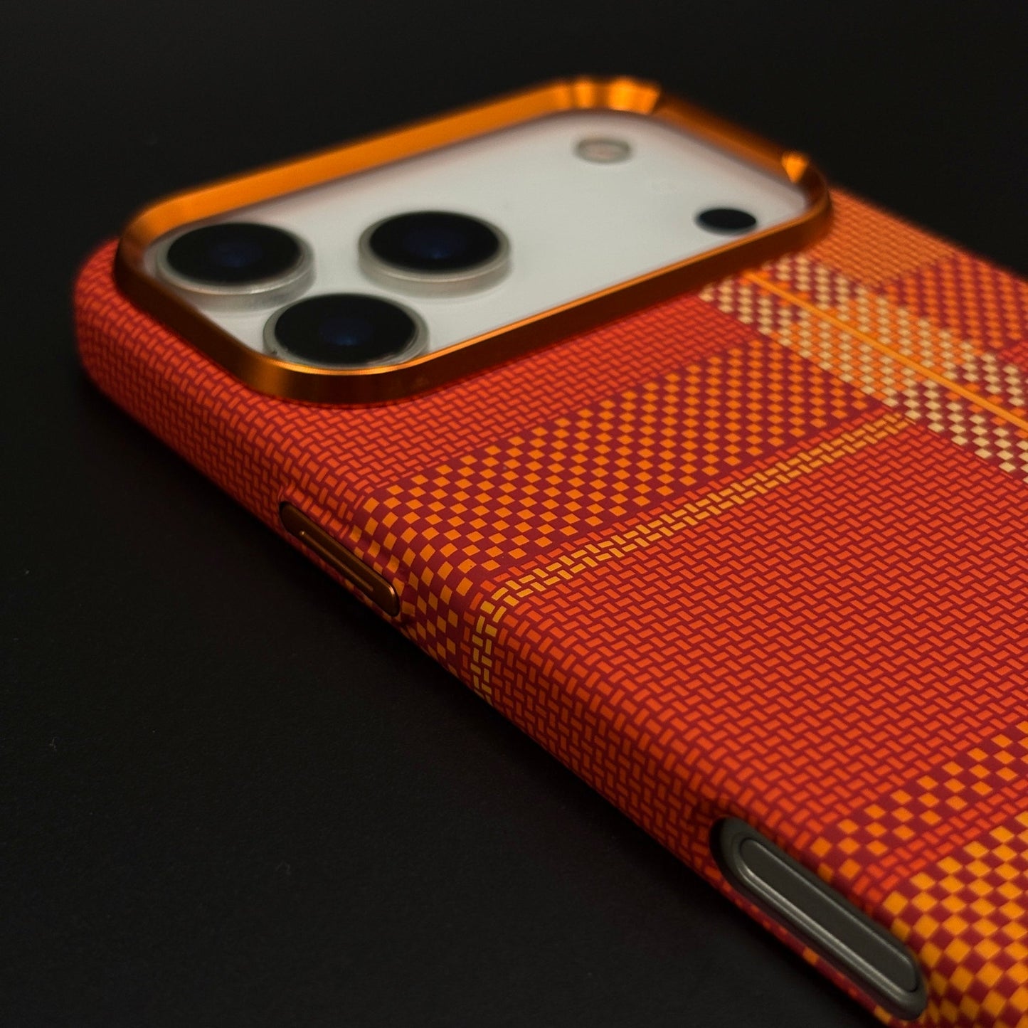 Crimson Tartan Orange Carbon Fibre Hidden MagSafe Mobile Case Cover for iPhone 17 Series