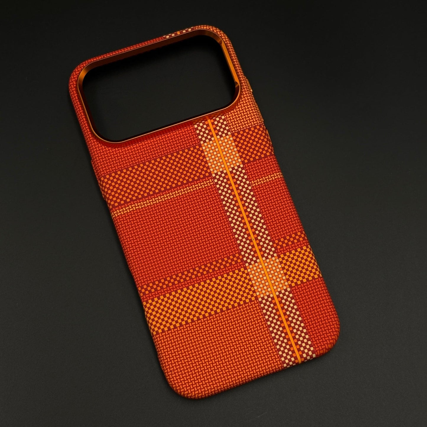 Crimson Tartan Orange Carbon Fibre Hidden MagSafe Mobile Case Cover for iPhone 17 Series