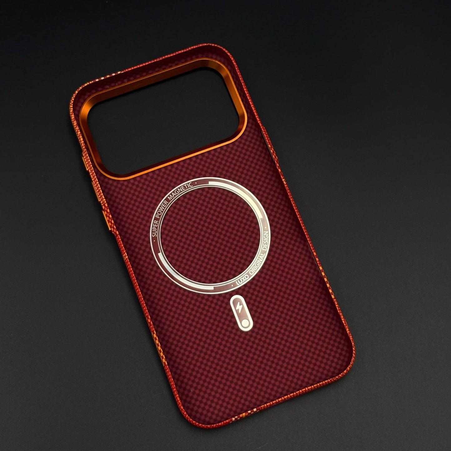 Crimson Tartan Orange Carbon Fibre Hidden MagSafe Mobile Case Cover for iPhone 17 Series