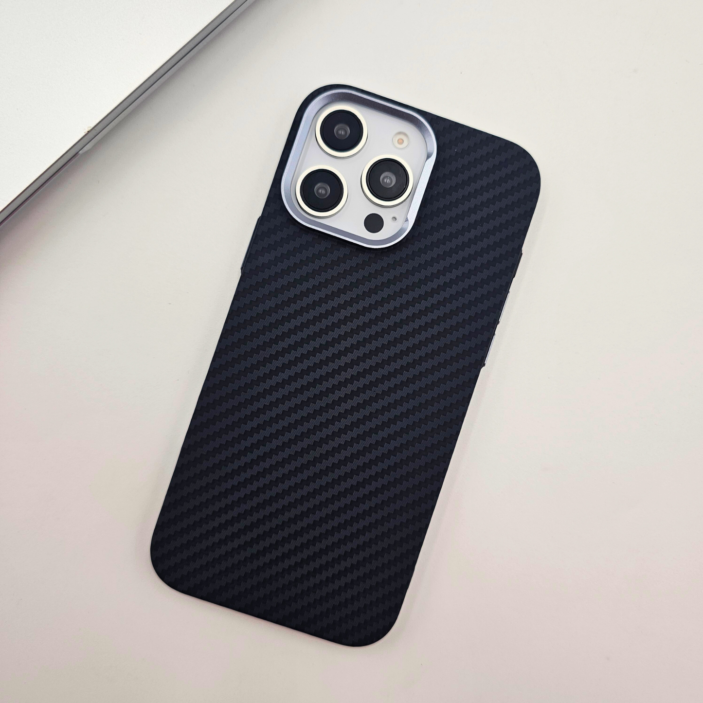 iPhone Series Black Premium Slim Case | Rare Aramid Texture Finish | Real Carbon Fibre Feel | Hidden MagSafe