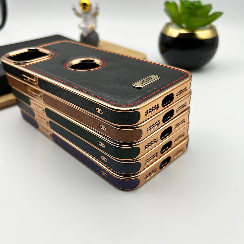 iPhone Luxury PU Leather Chrome Plated Logo Cut Case Cover Clearance