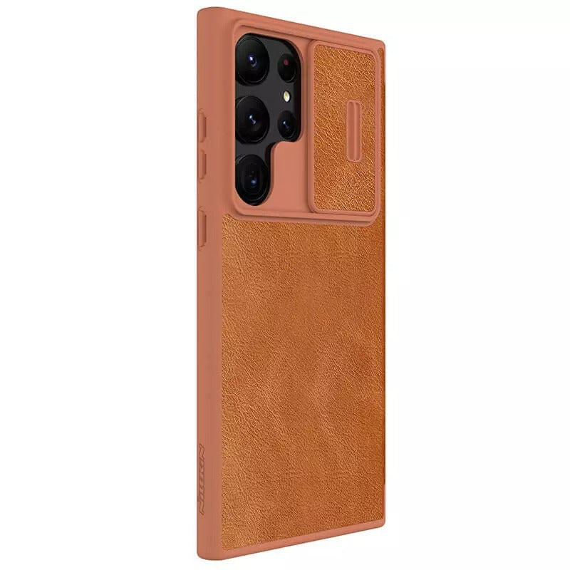 Samsung Galaxy S22 Ultra Camera Protection QIN Leather Flip Case Brown