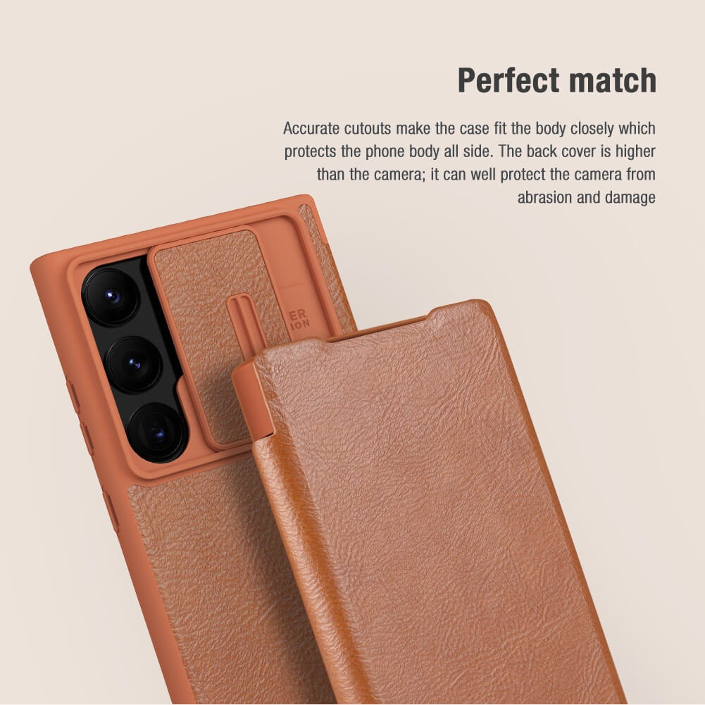 Samsung Galaxy S23 Ultra Camera Protection QIN Leather Flip Case Brown