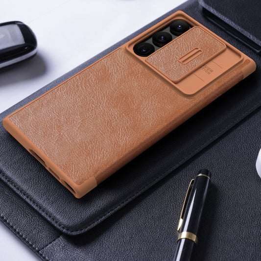 Samsung Galaxy S25 Ultra Camera Protection QIN Leather Flip Case Brown