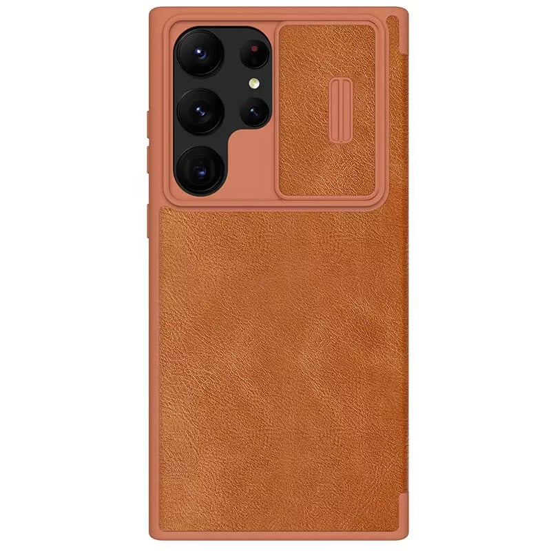 Samsung Galaxy S22 Ultra Camera Protection QIN Leather Flip Case Brown