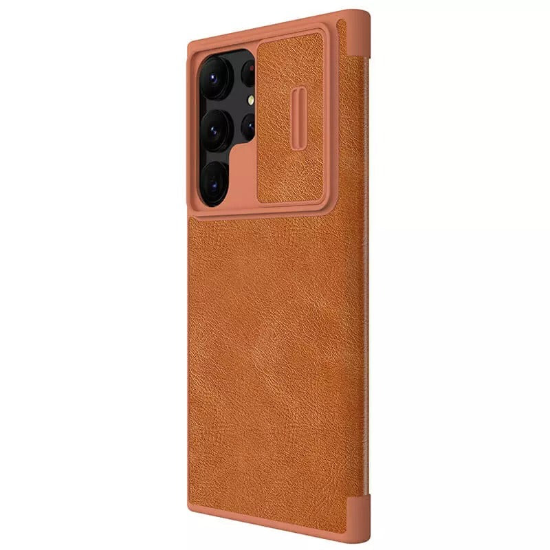 Samsung Galaxy S23 Ultra Camera Protection QIN Leather Flip Case Brown