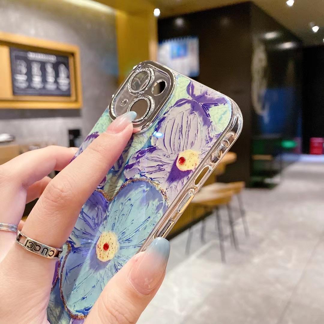 iPhone 15 Series Luxury 3D Oil Painting Floral Design With Glitter Lens Protection Case Cover