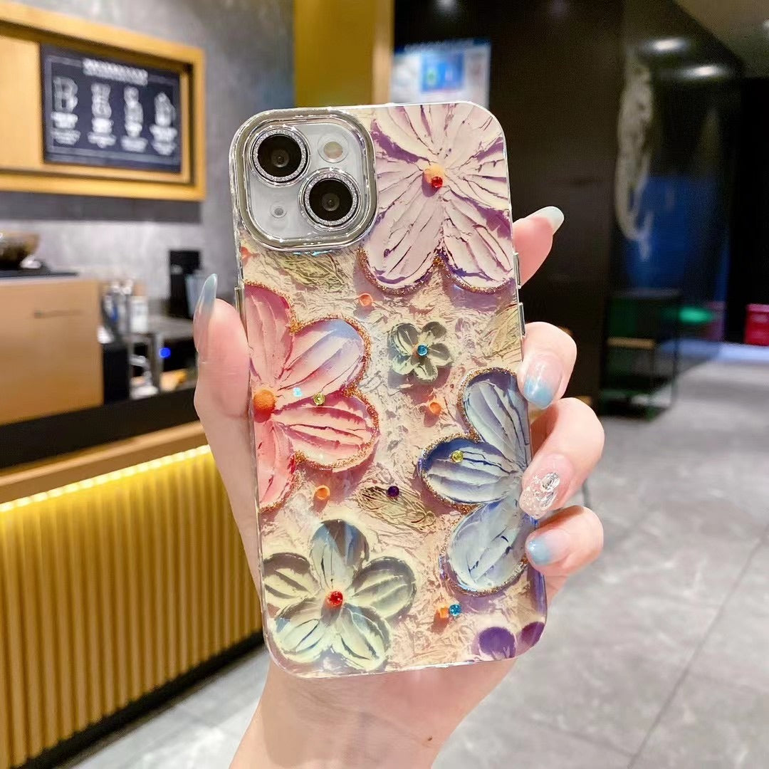 iPhone Luxury 3D Oil Painting Floral Design With Glitter Lens Protection Case Cover