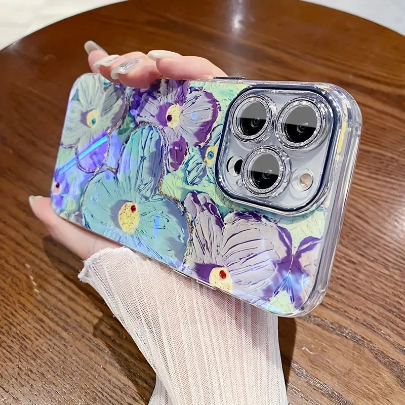 iPhone Luxury 3D Oil Painting Floral Design With Glitter Lens Protection Case Cover