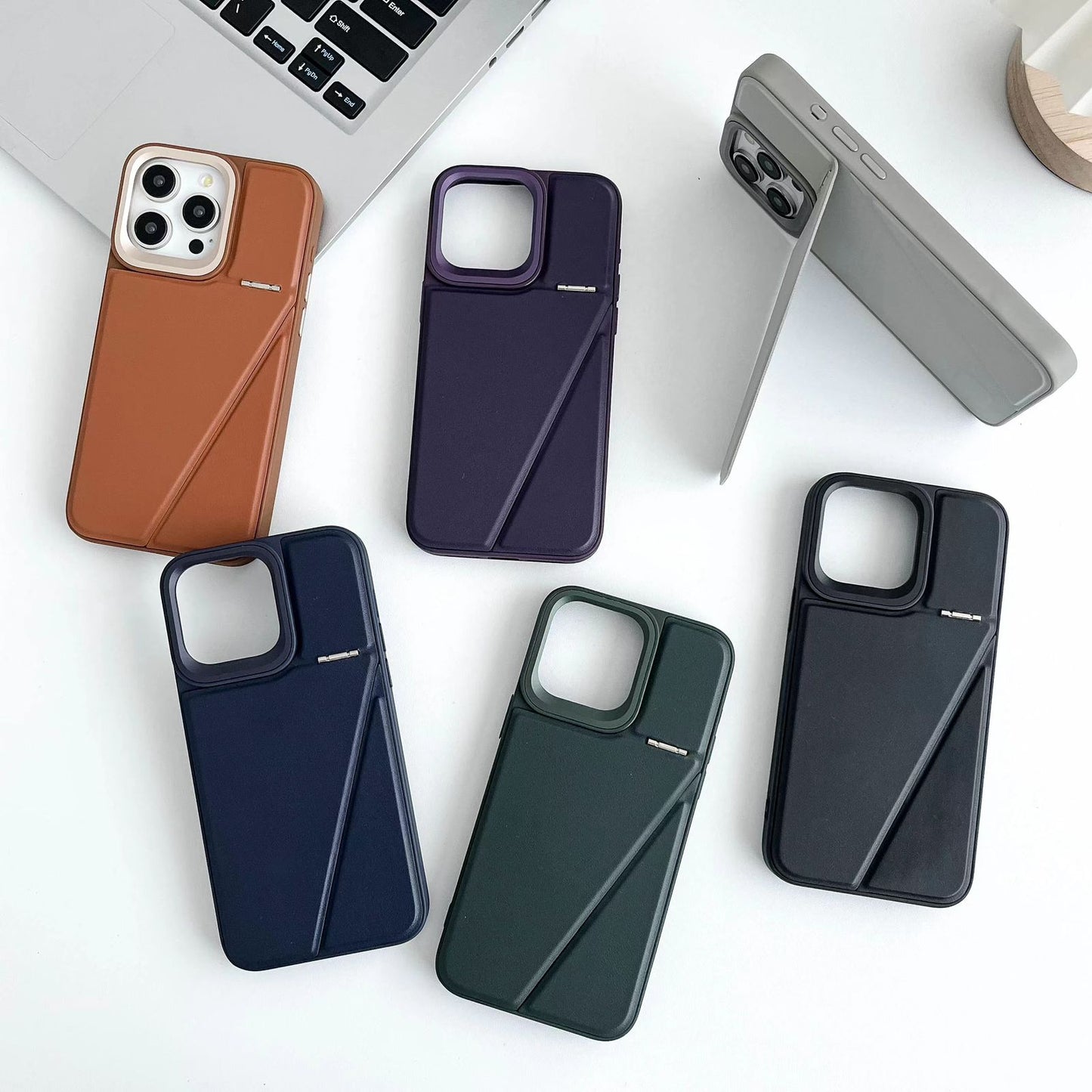 iPhone 15 Series One-Piece Hidden Kickstand Leather Case Cover