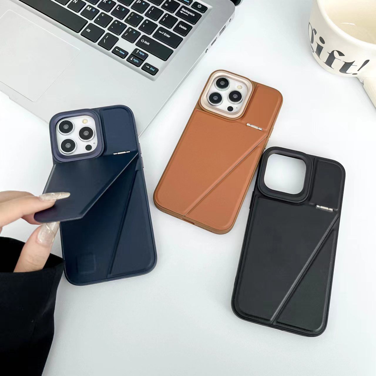 iPhone 15 Series One-Piece Hidden Kickstand Leather Case Cover