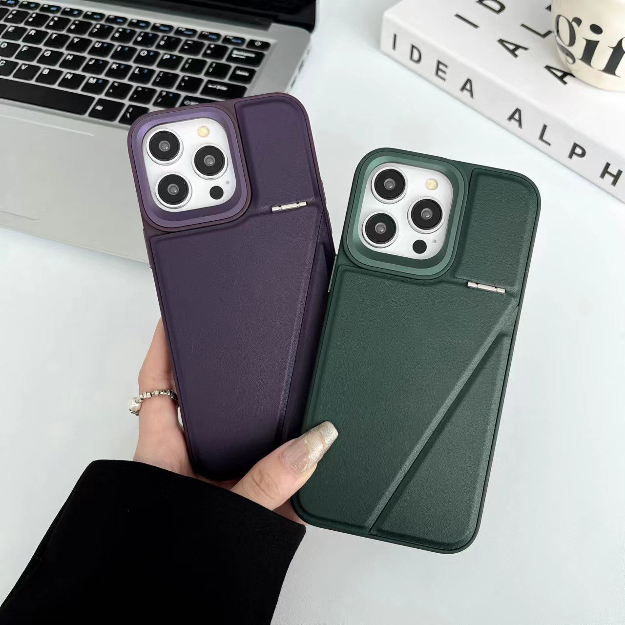 iPhone 15 Series One-Piece Hidden Kickstand Leather Case Cover