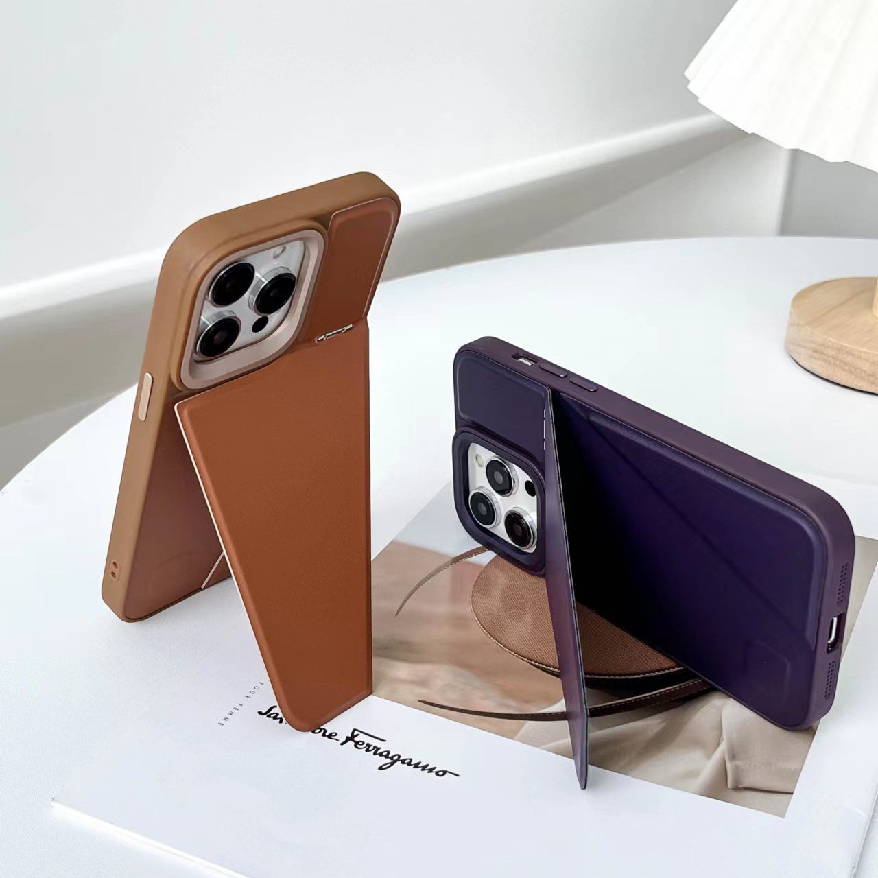 iPhone 15 Series One-Piece Hidden Kickstand Leather Case Cover