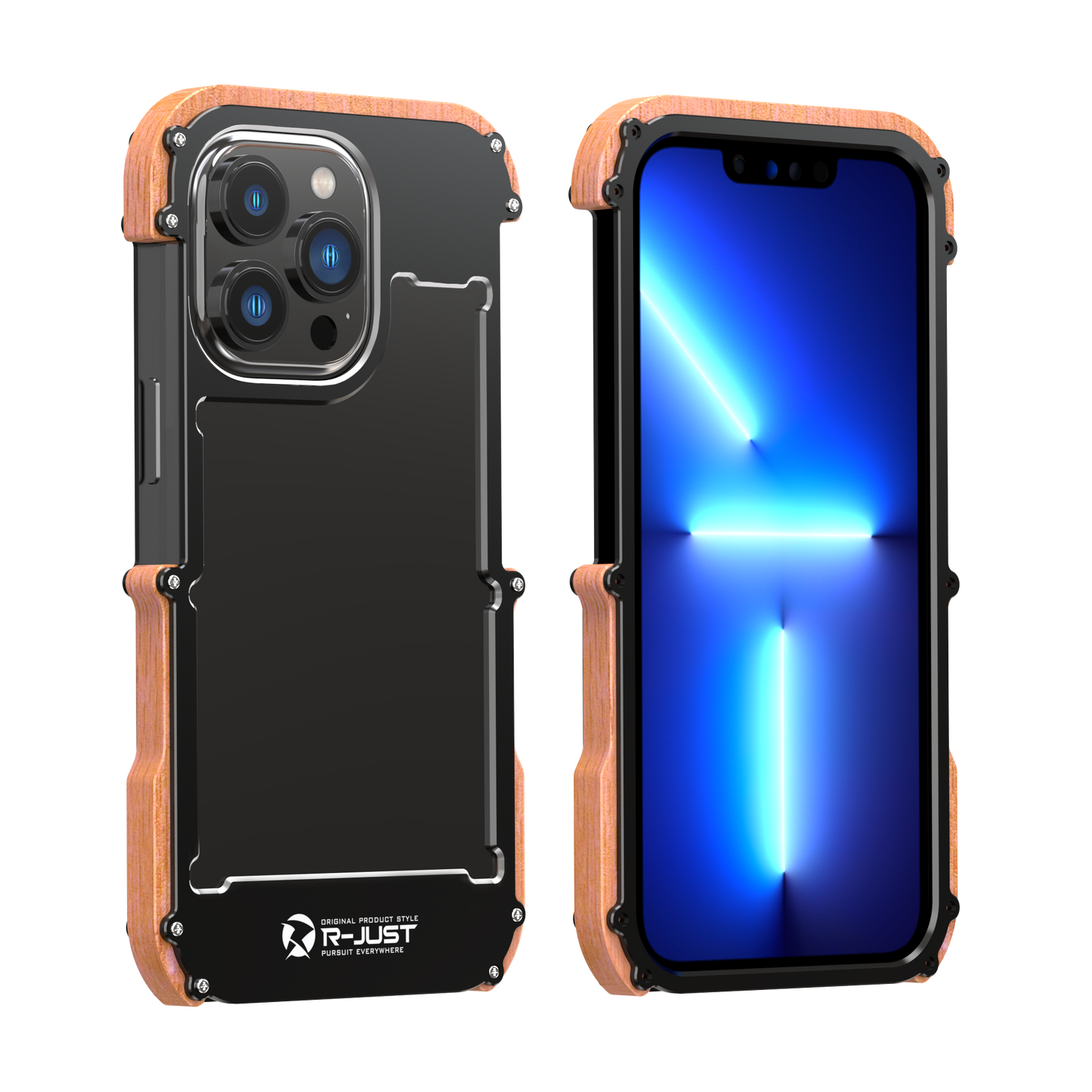 R-Just Aluminum & Natural Wood Bumper iPhone 13 Pro Max Case Cover