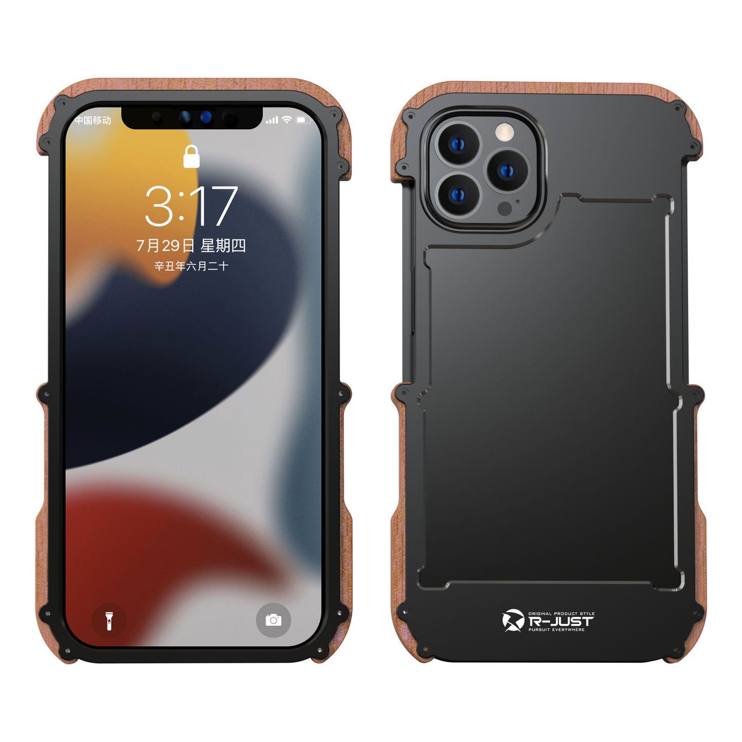 R-Just Aluminum & Natural Wood Bumper iPhone 13 Pro Max Case Cover