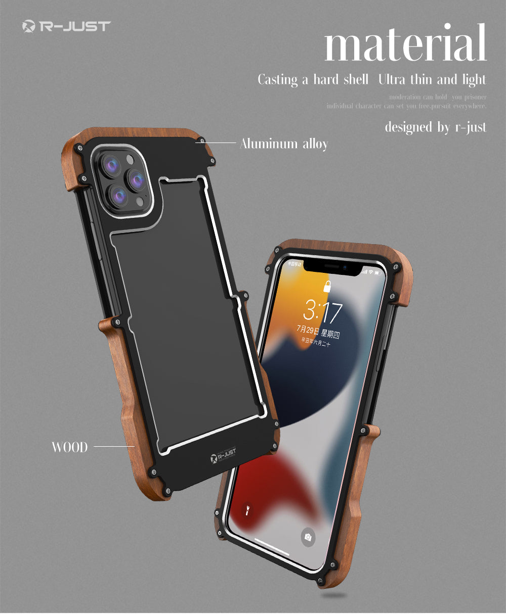 R-Just Aluminum & Natural Wood Bumper iPhone 13 Pro Max Case Cover