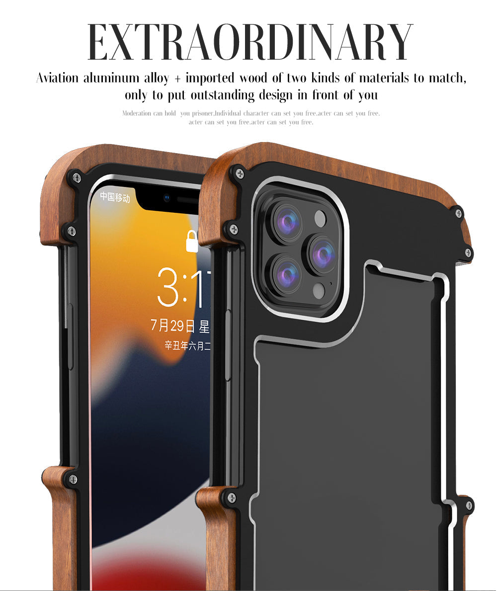 R-Just Aluminum & Natural Wood Bumper iPhone 13 Pro Max Case Cover