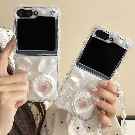 Butterfly Heart Pearl Strap Case for Samsung Galaxy Z Flip 6 | Luxury 3D Design Protective Cover