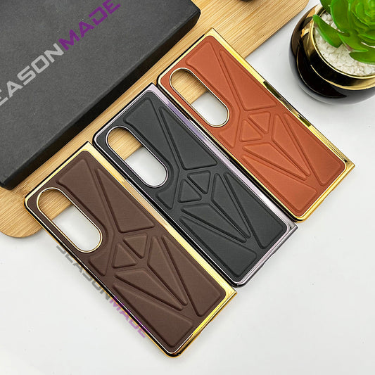 Samsung Z Fold 3 PU Triangular Leather Chrome Plated Front Screen Protector Case Cover