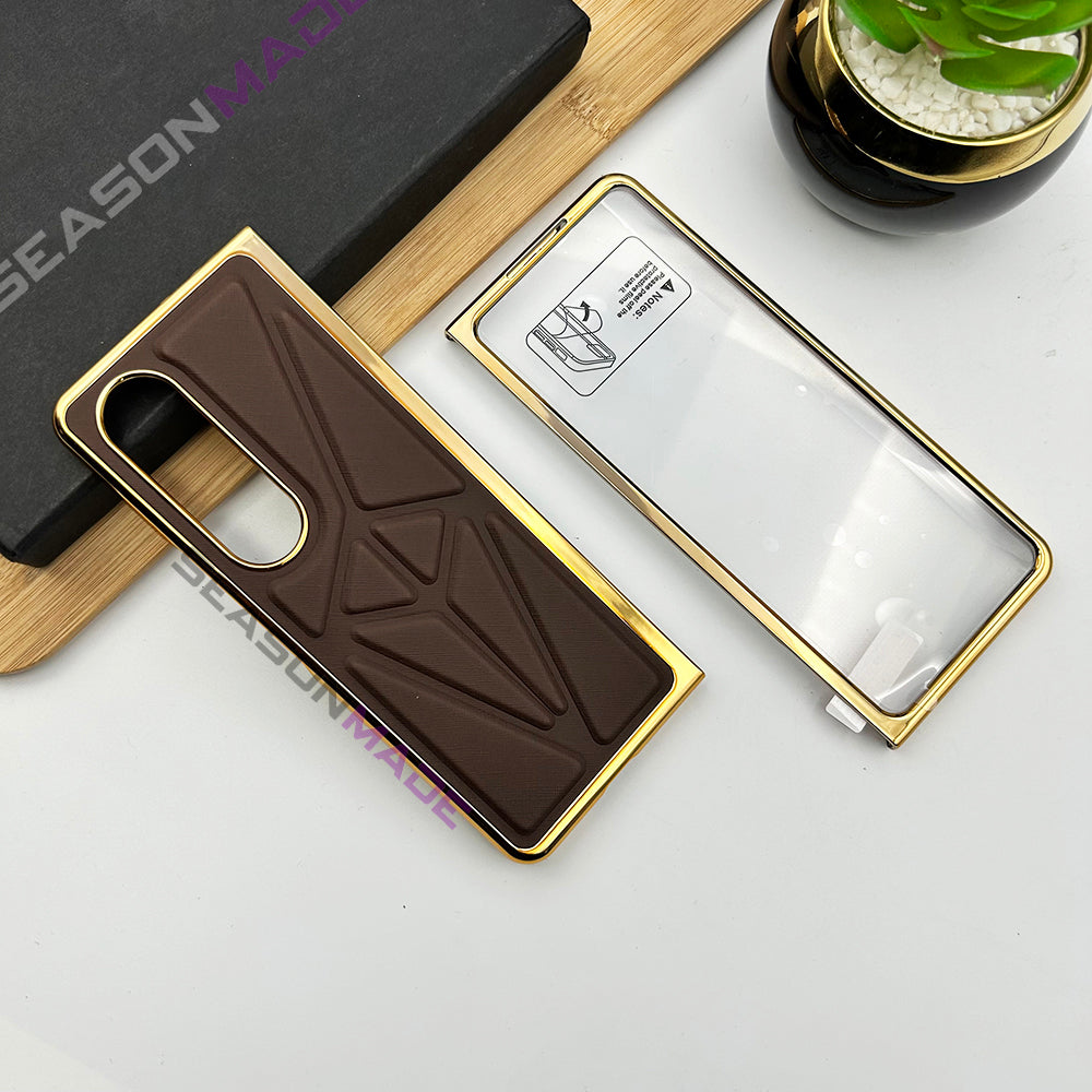 Samsung Z Fold 4 PU Triangular Leather Chrome Plated Front Screen Protector Case Clearance Sale