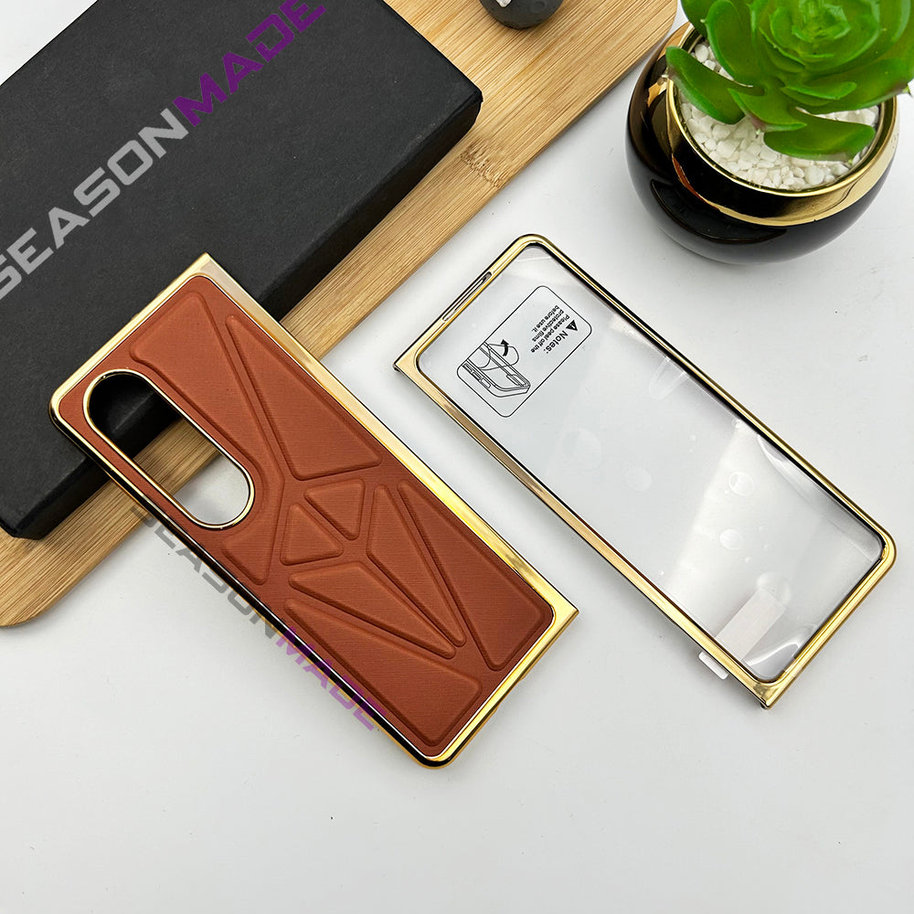 Samsung Z Fold 4 PU Triangular Leather Chrome Plated Front Screen Protector Case Clearance Sale