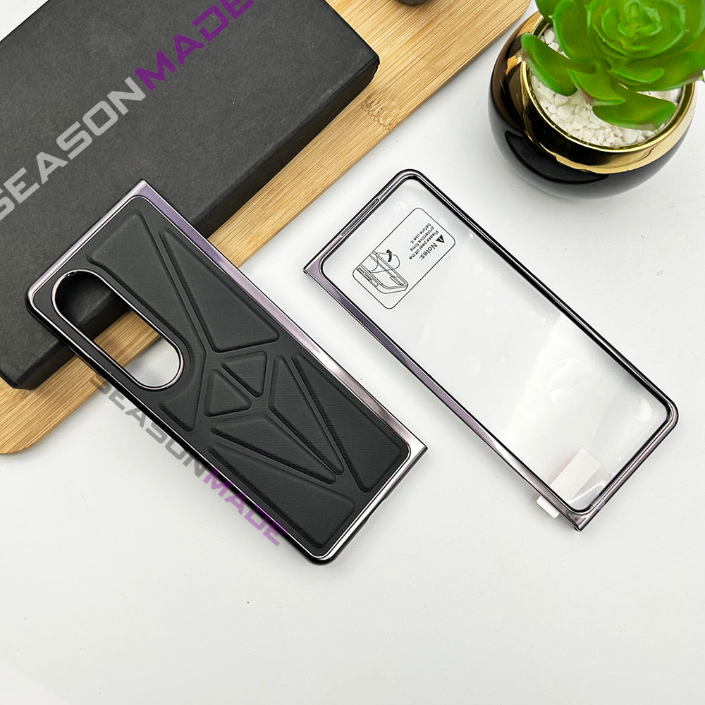Samsung Z Fold 4 PU Triangular Leather Chrome Plated Front Screen Protector Case Clearance Sale
