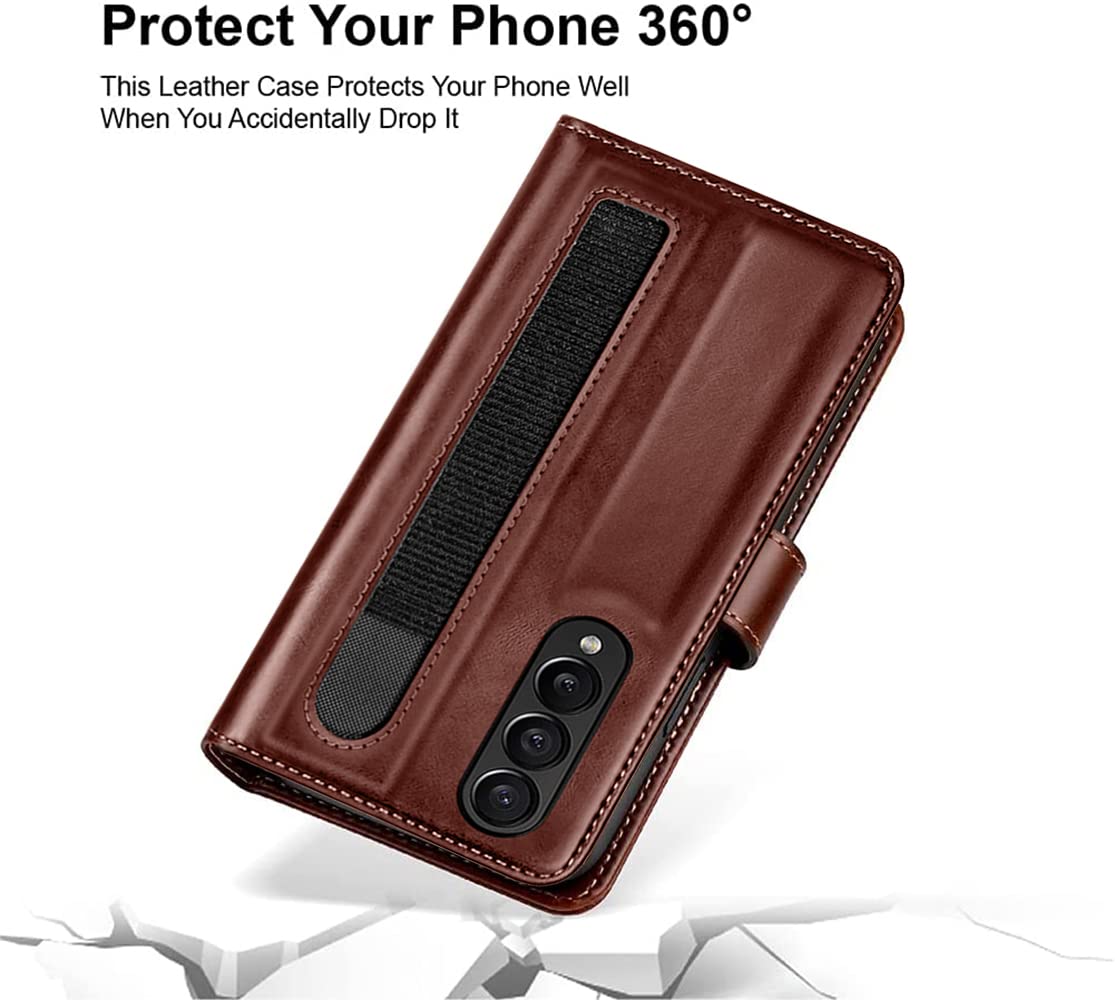 Samsung Z Fold 5 Leather Flip 2 in 1 Detachable Front And Back Wallet Case Cover S Pen Holder Brown