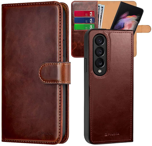 Samsung Z Fold 3 Leather Flip 2 in 1 Detachable Front And Back Wallet Case Cover S Pen Holder Brown