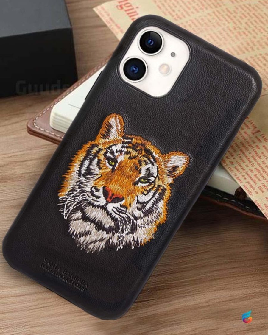 Premium Branded Leather Stitched iPhone Mobile Case Cover - Santa Barbara Savanna Tiger