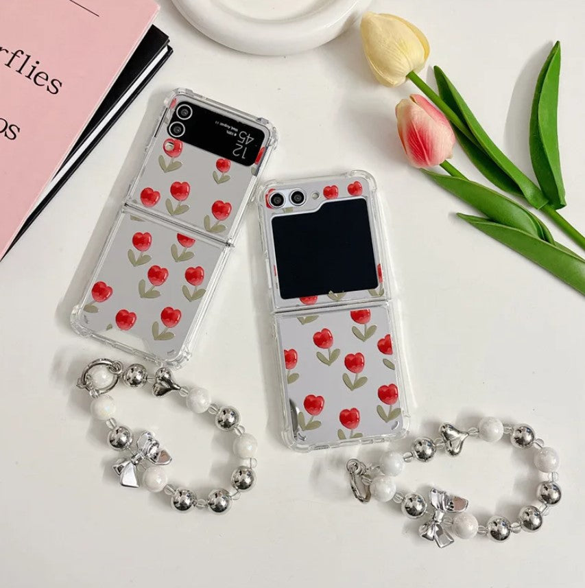 Red Floral Tulip Mirror Case With Pearl Holder for Samsung Galaxy Z Flip 5