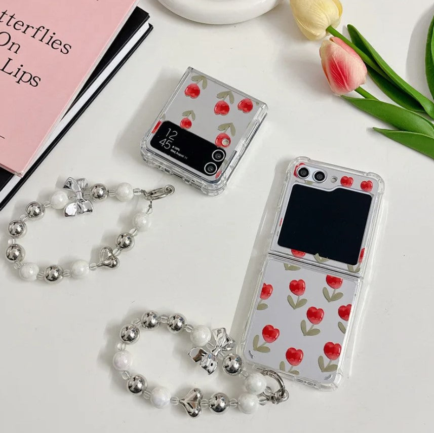 Samsung Galaxy Z Flip 6 Red Floral Tulip Mirror Case With Pearl Holder