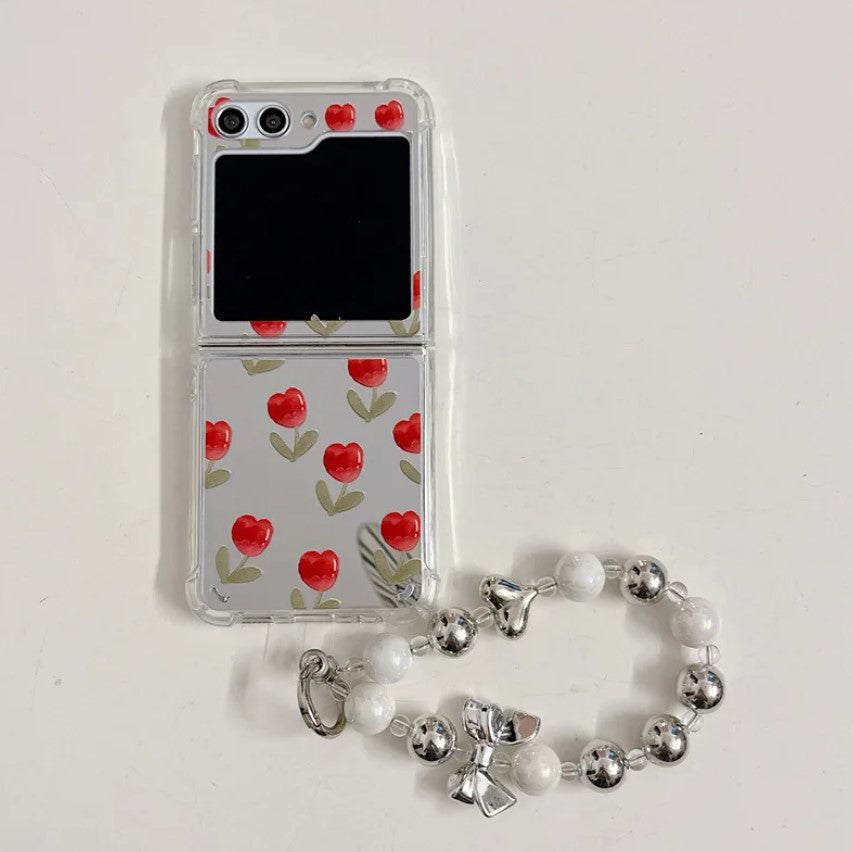 Red Floral Tulip Mirror Case With Pearl Holder for Samsung Galaxy Z Flip 5