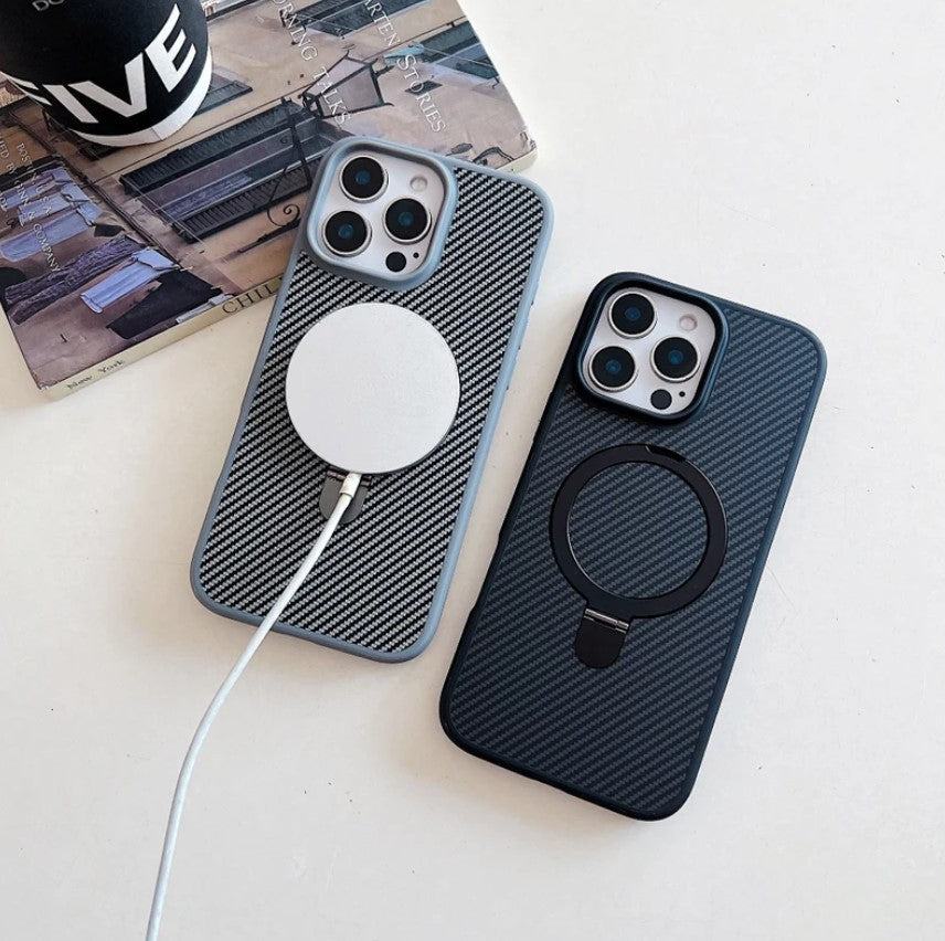 iPhone 15 Series Carbon Fibre With Magnetic Magsafe Ring Stand Case