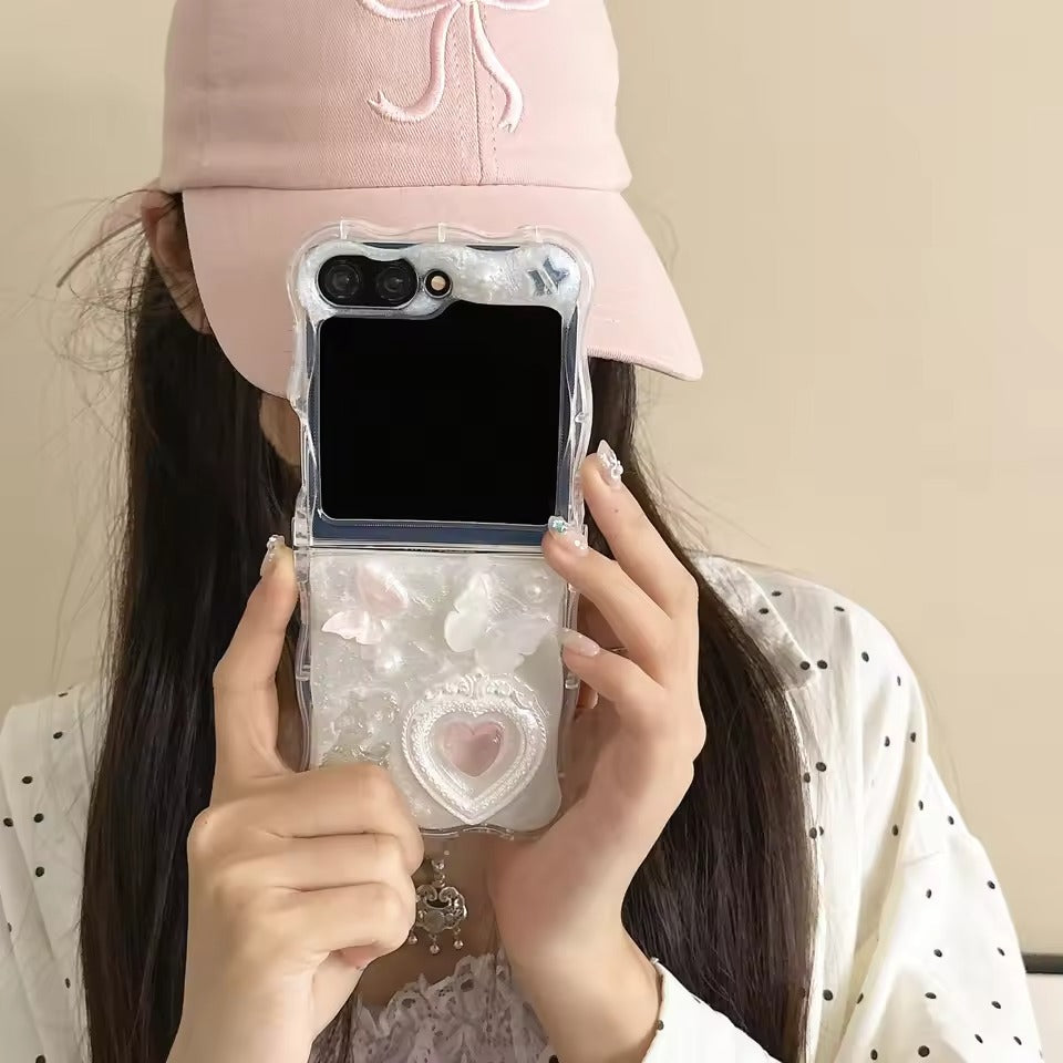 Butterfly Heart Pearl Strap Case for Samsung Galaxy Z Flip 6 | Luxury 3D Design Protective Cover